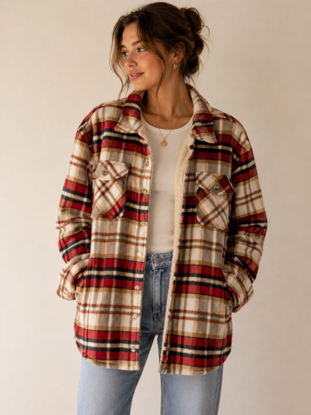 Plaid Sherpa Shacket XL Red Cream Cabin Core Lumberjack Cozy Fall Jacket